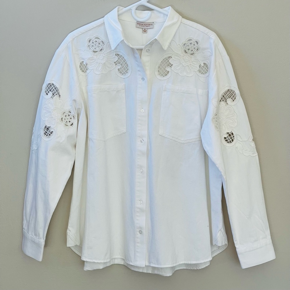 Super Natural by Secret Mission Cotton Twill Eyelet Shirt Jacket In Ecru, Sz M